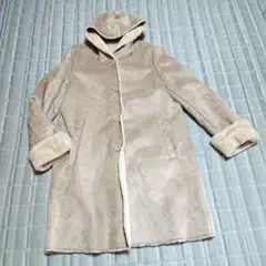 ムートン風フード付きロングコート ベージュ