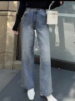 ビジューストレートデニムパンツ ブルー XS GRL CU466