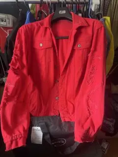 赤 ダメージ加工 デニムジャケット