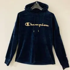 Champion ベロア プルオーバー パーカー ネイビー ゴールドロゴ