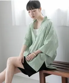 lowrys farm ストライプオーバーシャツ グリーン