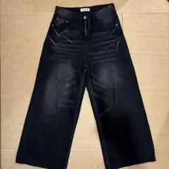 ブラックデニムワイドパンツ ウォッシュ加工