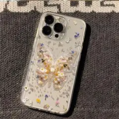 蝶と押し花のiPhone16pro maxケース