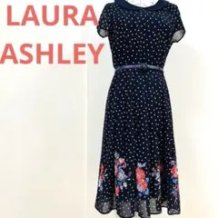 LAURA ASHLEYローラーアシュレイ☆ネイビードット花柄☆ベルト付き！