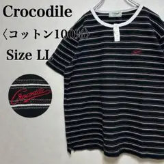 クロコダイル マルチカラーボーダー ヘンリーネック コットンシャツ ロゴ刺繍