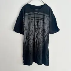 カットソー Vネック 樹木柄 M 黒 綿 デイリー 半袖Tシャツ カジュアル