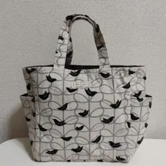 サイドポケット付きトートバッグ 小鳥と葉っぱ柄