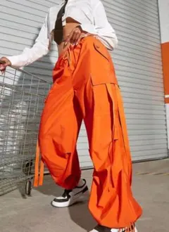 ストリート無地ドローストリングウエストフラップポケットカーゴパラシュートパンツ