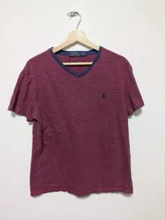 ラルフローレン ボーダーTシャツ M ネイビー×レッド Vネック ポニー刺繍