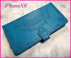 iPhoneXR 用 スマホケース 手帳型 浮彫曼荼羅 ブルー