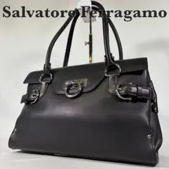 美品 フェラガモ ハンドバッグ トート 肩掛け ガンチーニ レザー ブラック