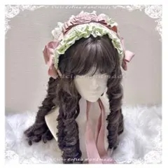 手作りゴスロリ甘ロリピンクと緑薔薇レースリボンヘッドドレスPink