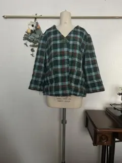 ハンドメイド　手作り　一点物　チェック　コート　ノーカラージャケット　短丈のサムネイル
