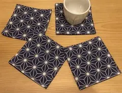 紺と白の幾何学模様 コースター 4枚セット　ハンドメイド