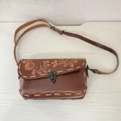 花柄　箔押し　本革ハンドバッグ