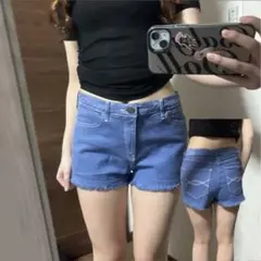 ライトブルー フリンジ裾 ショートパンツ デニムハーフパンツ