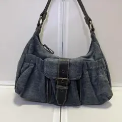 ネイビー　デニム風 バッグ フロントポケット付き Y2K