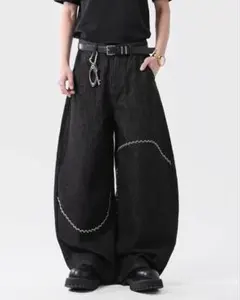 メンズ・レディース　デニムパンツ　バギー 刺繍加工