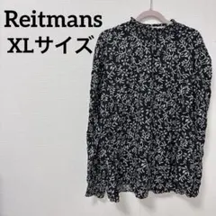 花柄長袖シャツ XL ブラック　総柄　フリル襟　シャーリング　キレイめ　通勤