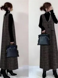 ジャンパースカート　キャミワンピース　パール　チェック柄　ロング　Lサイズ