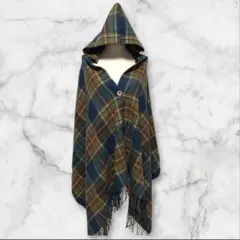 【希少美品】フード付きポンチョ　緑　チェック　フリーサイズ　フリンジ