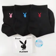 ★新品★ プレイボーイ ワンポイント刺繍 クォーター丈 ソックス 黒 3足組