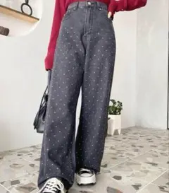 moment+ ラインストーンデニムパンツ