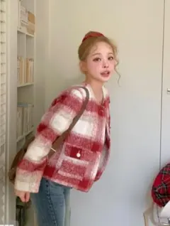 GRL チェック柄シャギージャケット 赤白 Fサイズ