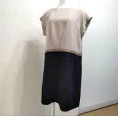 【美品】ピンクベージュ・ブラック 2トーンワンピース（M） 七分袖 ひざ丈