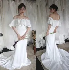 オフショルダー フリル ソフトマーメイドドレス ホワイト（W300WH）