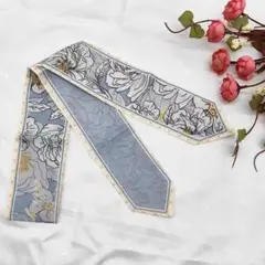 リボンスカーフ バッグスカーフ　スカーフ　フラワー　花　英字　水色　ヘアリボン