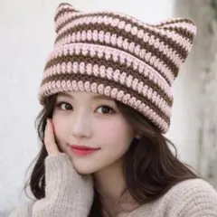 ビーニー　ニット帽　猫耳　ボーダー　ジャガード　y2k 韓国　ピンク　ブラウン