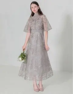 スパンコール花柄刺繍プチハイネックウエストマークAラインワンピースドレス結婚式