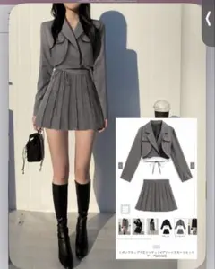 リボンクロップド丈ジャケット×プリーツスカートセットアップ GRL at2340