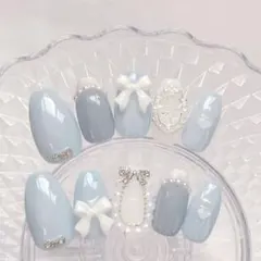 オーダー◇ネイルチップ 水色 フレンチガーリー 韓国 量産型 ピクシー リボン