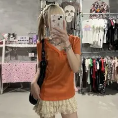 Burberry バーバリー　オレンジ　ロゴ入り　フリルtシャツ