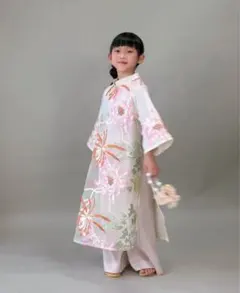 (ガール)No.T2614刺繍入りオーガンジーシルクべトナムアオザイセット