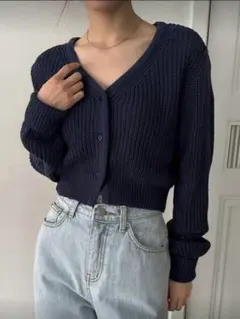 DAZY ネイビー Vネック リブ編み カーディガン　M