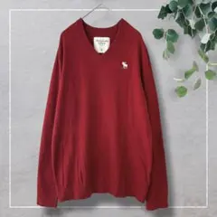【アバクロ】メンズ　ロゴ刺繍入りVネックセーター(M)赤　長袖ニット　コットン混