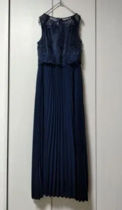 モストコレクション ワンピースドレス ロング レース＆プリーツ　ネイビー