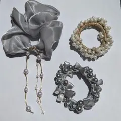 【新品】シュシュ ヘアゴム 3点セット パール おでかけ フォーマル シルバー