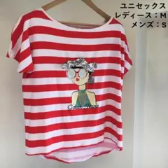 【古着】Gaudi Jeans リボン Tシャツ M/S レッド ライン 刺繍のサムネイル