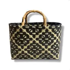 ⚪︎ PPバンド カゴバッグ プラカゴ ブラック×ベージュ バンブー風ハンドル