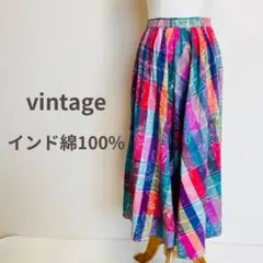 80s90s ヴィンテージ インド綿 フレアスカート 花柄 ジャガード チェックのサムネイル