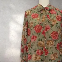 ヴィンテージ古着 ボウタイブラウス レトロブラウス 花柄 総柄 緑 ベージュ 赤