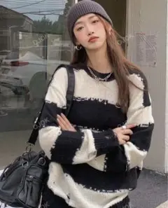 ワイドストライプダメージドロップショルダーセーター