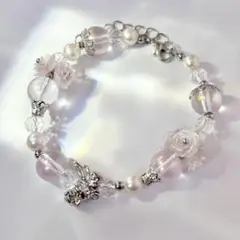 淡紫 薔薇 蝶 パール調ブレスレット ハンドメイド