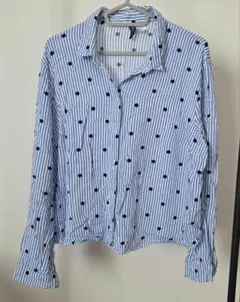 H&M 青白ストライプ 黒ドット 長袖シャツ EUR44