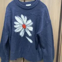 ネイビーニットデイジー柄花柄シャギーニット