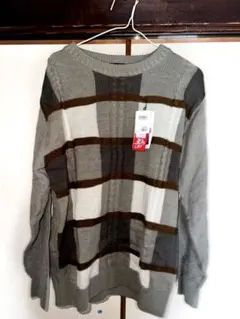 グレー系ストライプ ケーブル編み ニットセーター